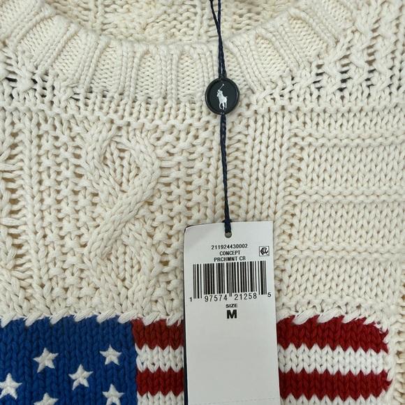 Ralph Lauren Ivory Cable Aran  Knit Sweater with American Flag - Picture 5 of 8